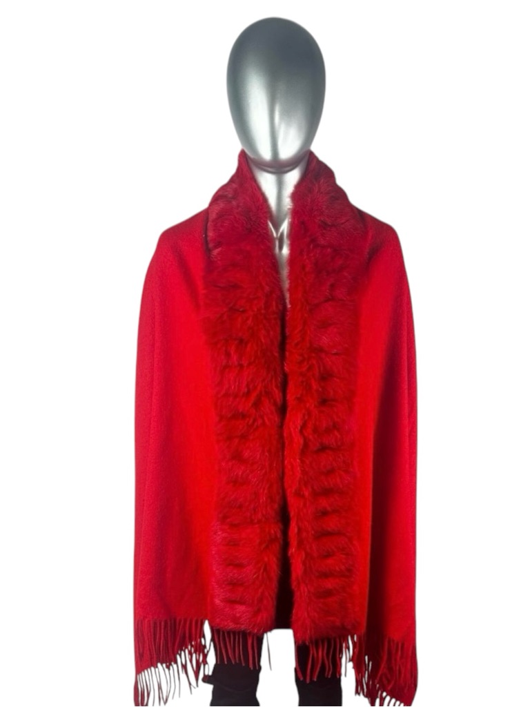 Red Fleece Shawl Wrap W/Red Rabbittrim, 80” L, Certified Vintage Fur